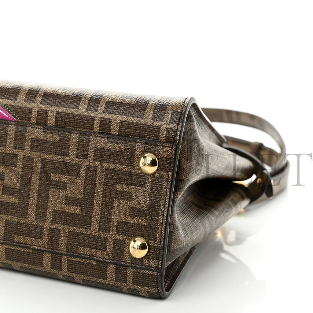 FENDI GLAZED FABRIC VITELLO FF 1974 HAIRDO GIRLS INLAY MINI PEEKABOO ICONIC SATCHEL MOGANO PANNA MULTICOLOR (23*18*13cm)