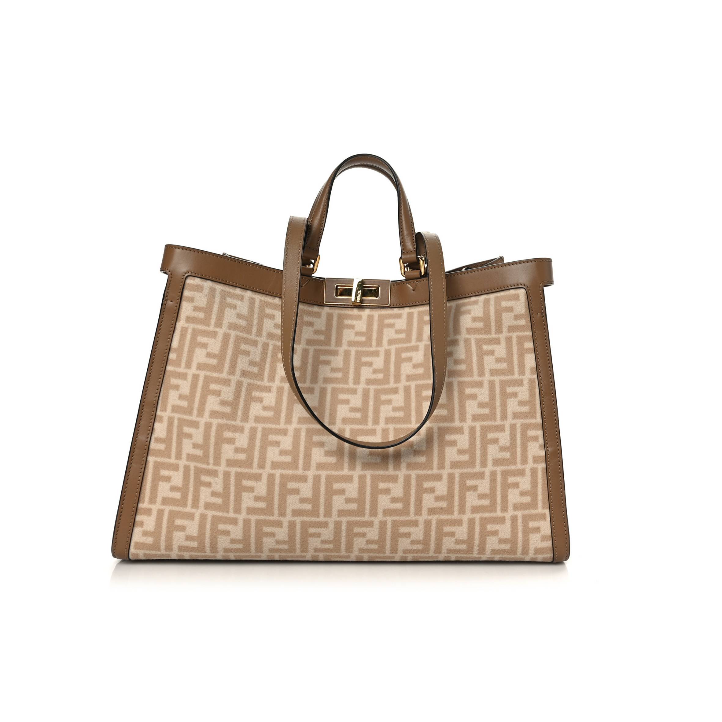 FENDI WOOL VITELLO KING SETA FF 1974 MEDIUM PEEKABOO X-TOTE BEIGE CAMMELLO SAND (41*29*15cm)